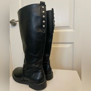 Zara Black Knee-High Boots with Pearl Studs
